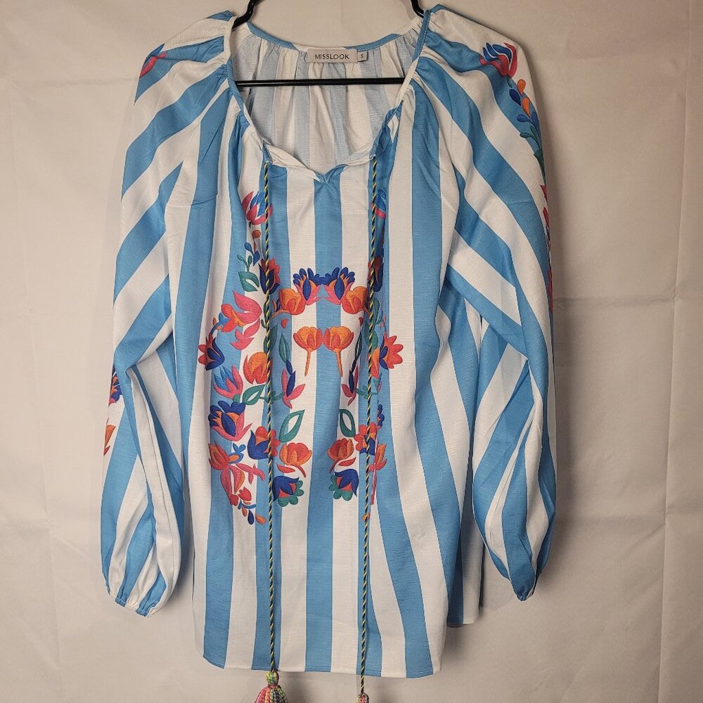 Misslook Striped FLORAL Flora Balloon Sleeve TASSEL Boho PEASANT Top Sz Sm